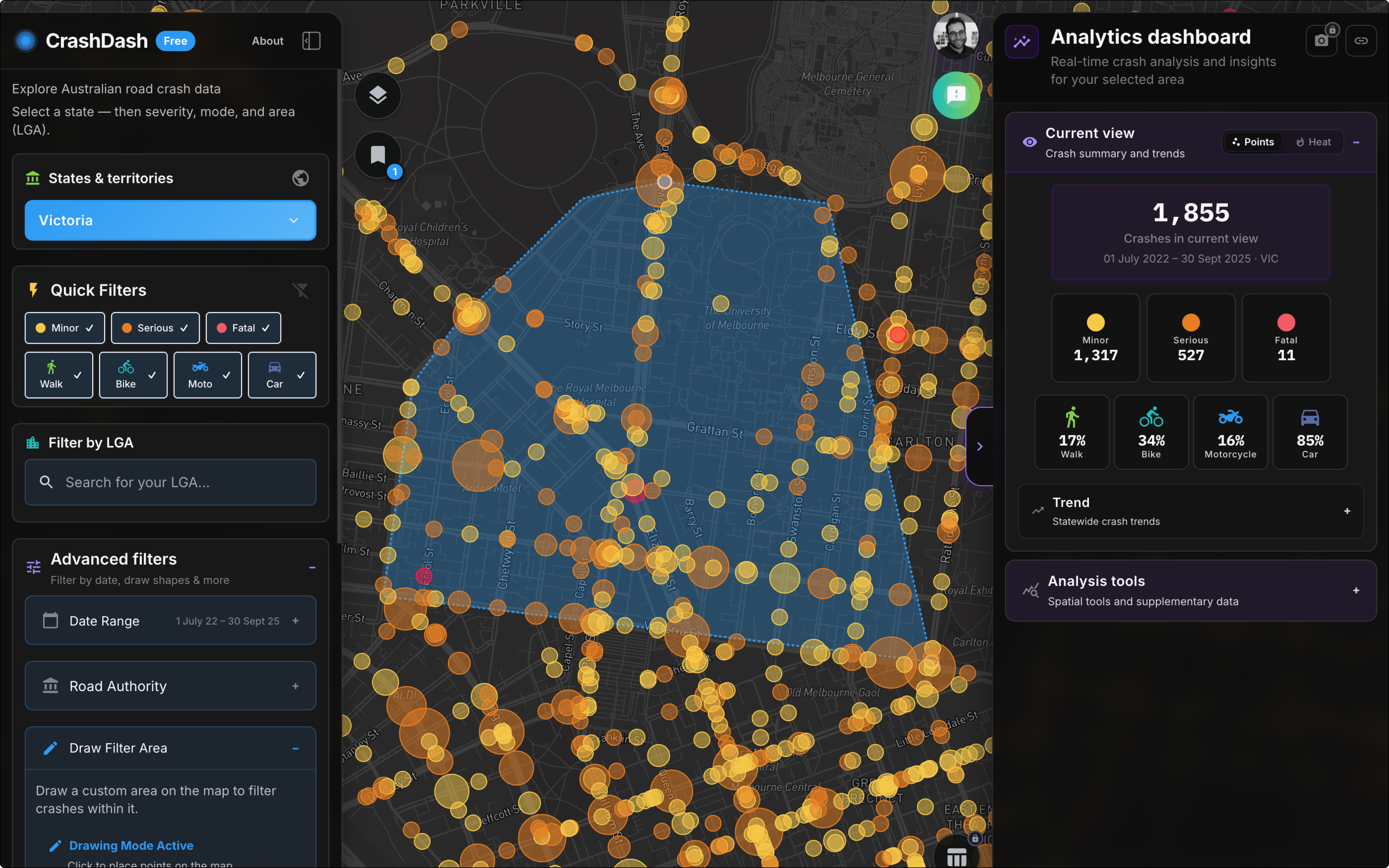 CrashDash map with draw filter and analytics dashboard in Victoria