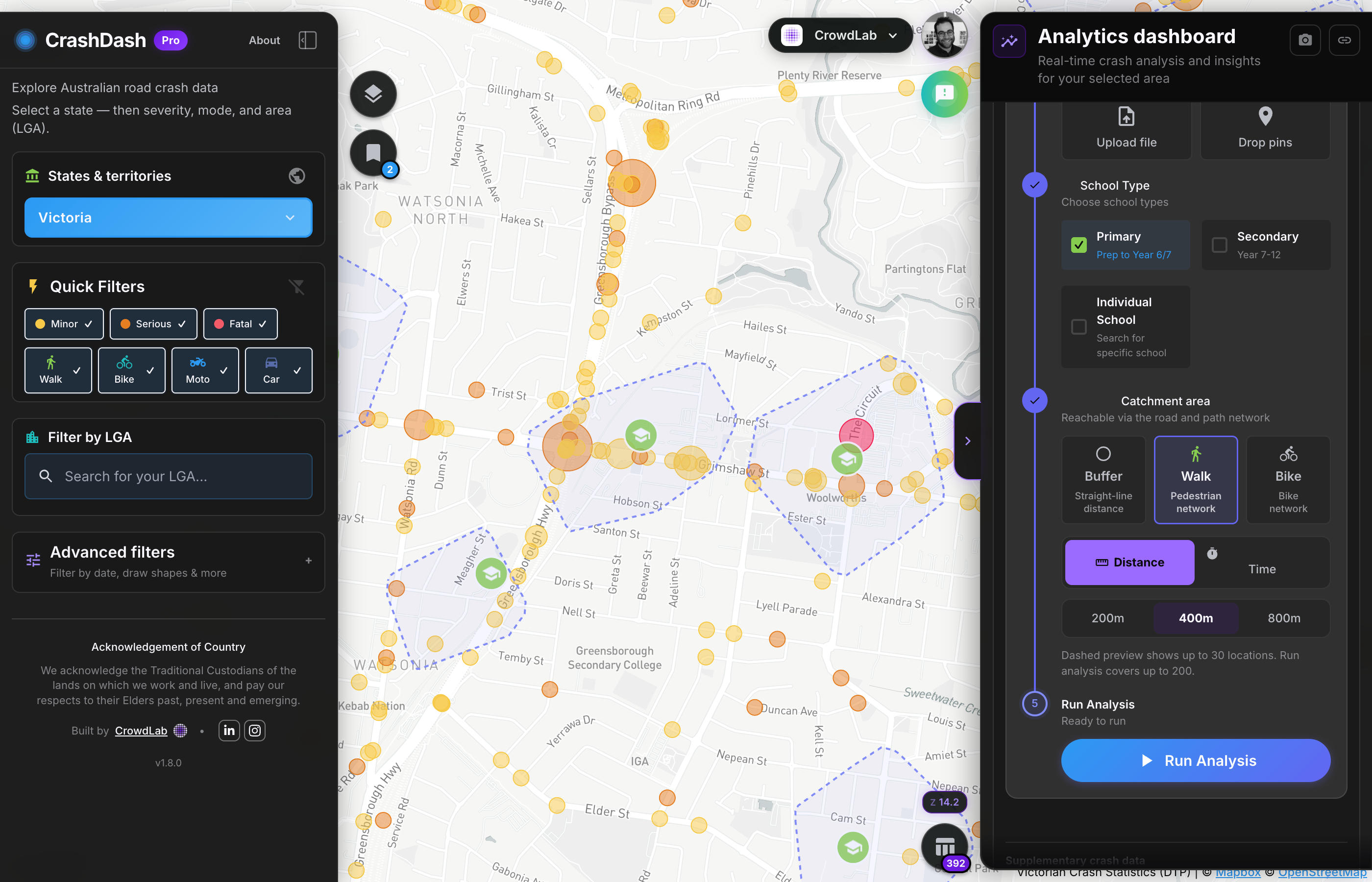 CrashDash Pro Proximity analysis showing buffer circles on a map and crash statistics in the side panel.