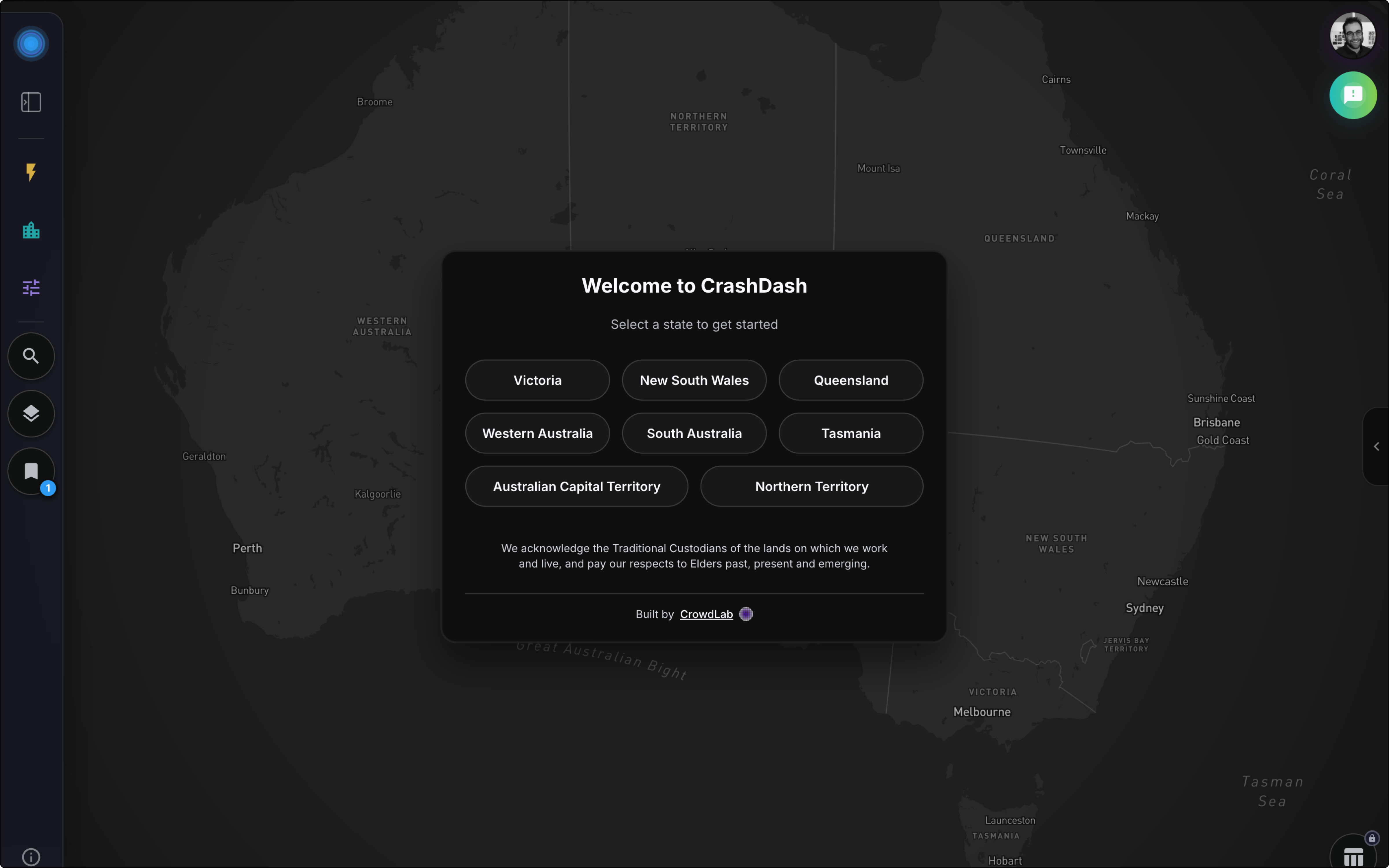 CrashDash welcome screen with Australian state and territory selection.